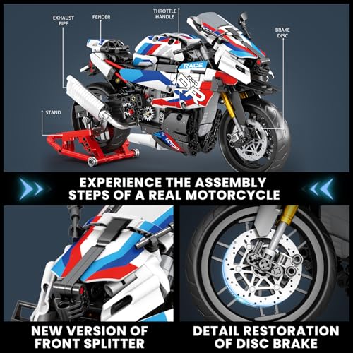 Image of Reobrix Motorcycle 1000 RR Technic Building Set for Adults, 1:8 Scale Model Kit, 949 PCS Collectible Motorcycle Display Model with Stand, Motorbike Gift Idea for Boys and Kids 14+
