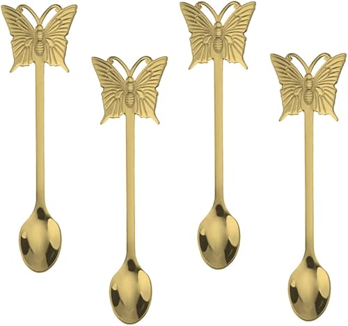 DECHOUS Juego de 4 cucharas de tenedor de mariposa, cucharas de condimento, cucharas de acero inoxidable, cucharas de postre, regalos de postre,