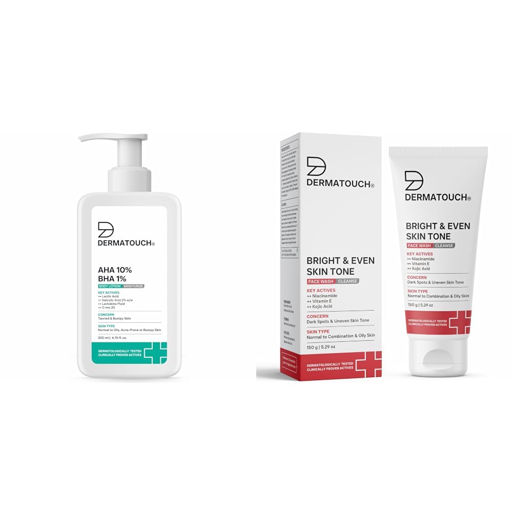 DERMATOUCH AHA 10% BHA 1% Body Lotion For Men and Women 200ml & Bright & Even Tone Face Wash with Niacinamide, Vitamin E and Kojic Acid 150g-image-38