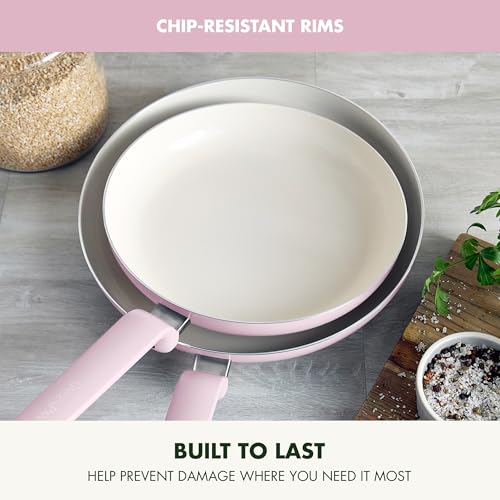 Image of GreenPan Rio Advanced 10 inch and 12 inch Frying Pan Skillet Set, Ceramic Nonstick PFAS-Free Pans, Induction Ready, Dishwasher and Oven Safe, Pink