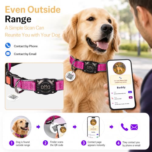 Image of Geamen Waterproof Dog Collar QR Code Reflective Collar HotPink XL