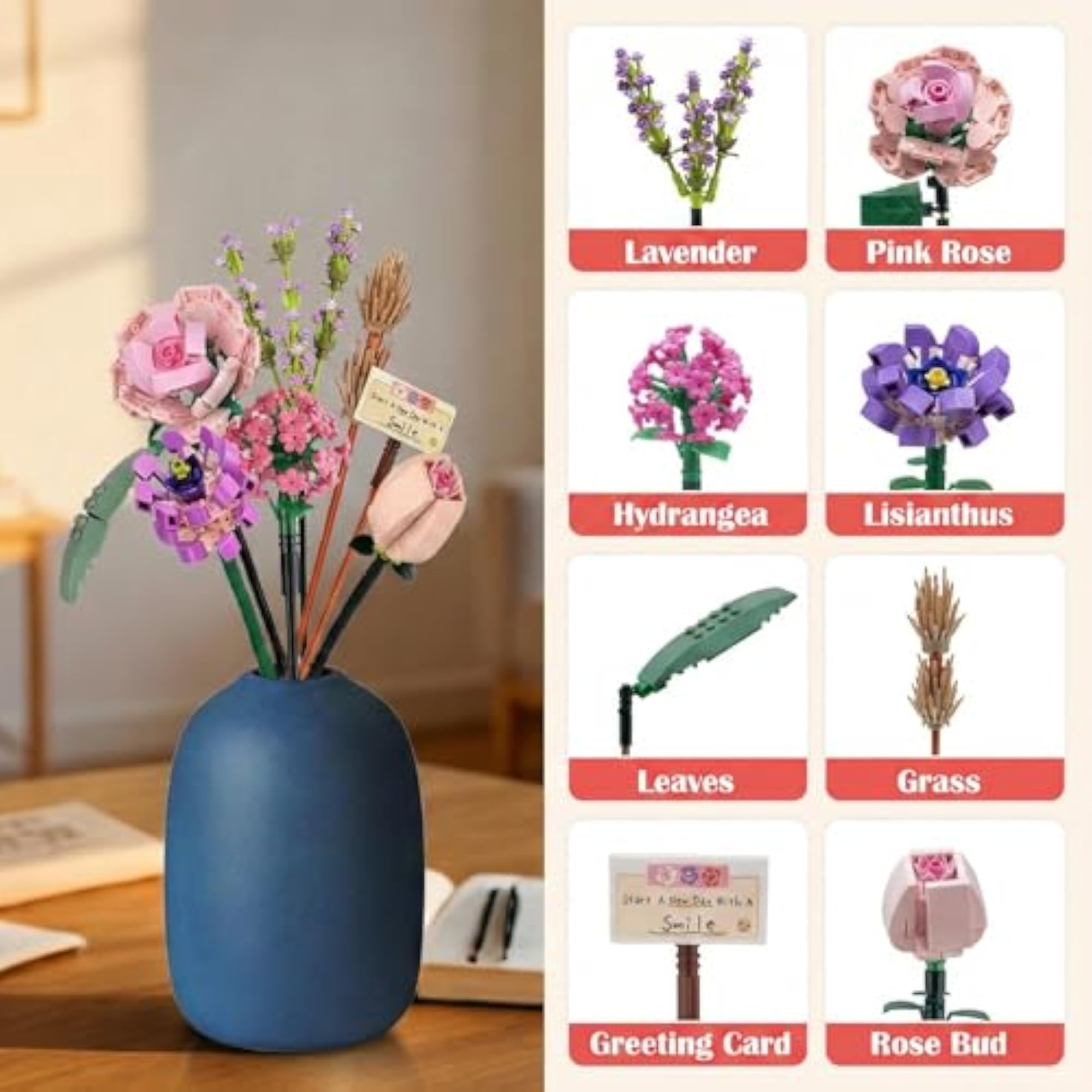 Artificial Flower Building Blocks Kit, Decorative Faux Flowers