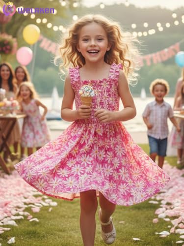 Girls Summer Sundress Criss Cross Back Ruffle Strap Elastic Waist Ruched Dress4