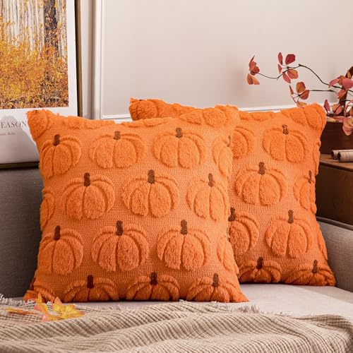 MIULEE Fall Pumpkin Throw Pillow Covers Decor Set of 2 Orang Brown Stem 18 x 18 Decorative Cushion Covers Soft Plush Faux Fur Couch Pillows for Autumn Harvest Thanksgiving Outdoor Porch Farmhouse Home