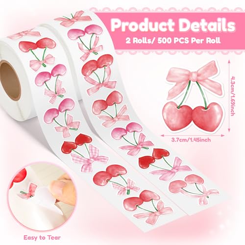 Image of 1000pcs Pink Bow Cherry Coquette Sticker Roll (2 Rolls), Watercolor Aesthetic Fruit Decorative Decals, Red & Pink Cherry with Bow Self-Adhesive Stickers for Water Bottle Scrapbook Decor