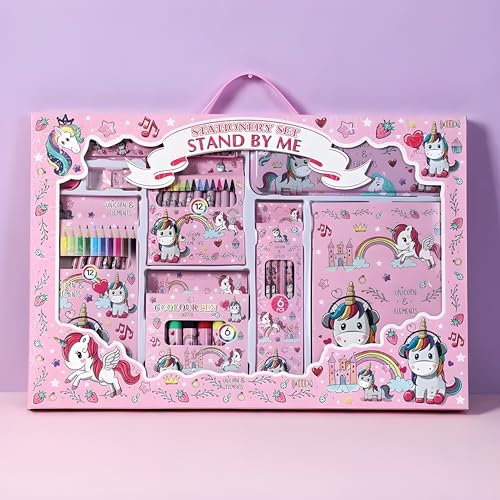 Image of WISHKEY 41 Pieces Unicorn Theme All-in-One Stationery Set, Stationery Items with Pencil Box, Notebook, Scale, Eraser, Sharpener, Crayons, Color Pencils, Color Pens, Pencils for Kids (Pink, 6+ Years)