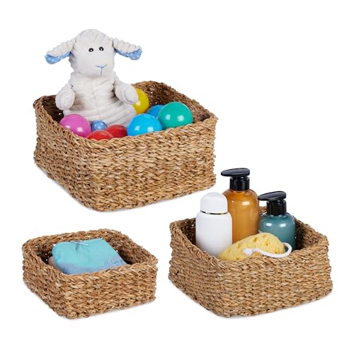Relaxdays Aufbewahrungskorb, 3er Set, Seegras, 3 Größen, geflochten, Badezimmer, Deko, eckige Utensilienkörbe, Natur