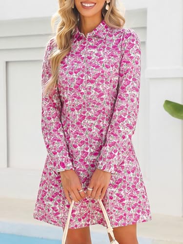 Image of EZAPINE Women Spring Dress 2026 Womens Summer Mini Dresses Floral Puff Sleeve Zipper A line Dress for Women with Pockets