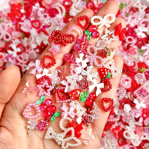 Nail Charms 3D Strawberry Flower Cherry Resin Decor Flatback Nail Art Charms Pink Red Nails Jewels for Women Butterfly Moon Star Design DIY Nails Supplies 100Pcs