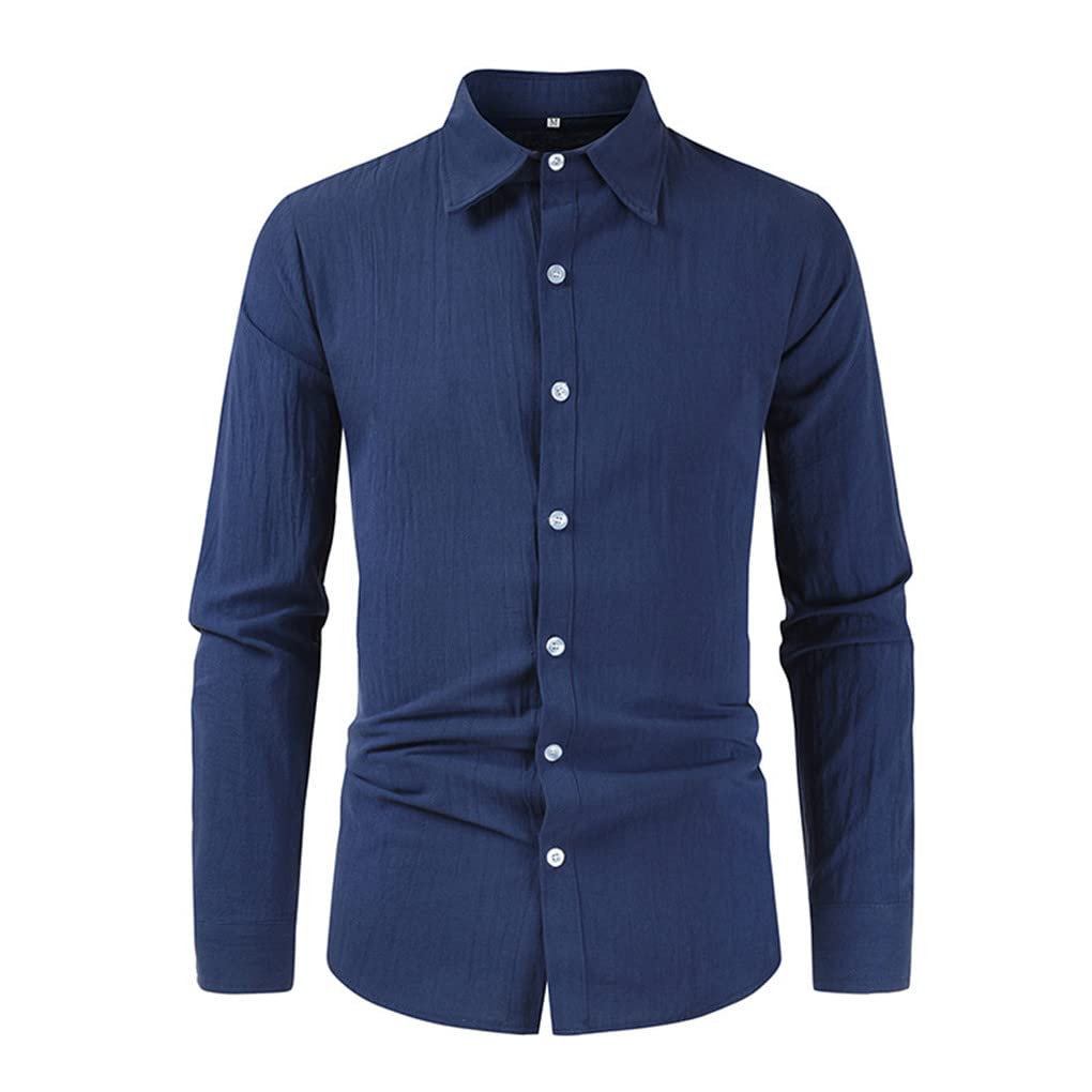 Dninmim Chemise décontractée à manches longues en coton et lin pour homme Jaune, bleu marine, XXL