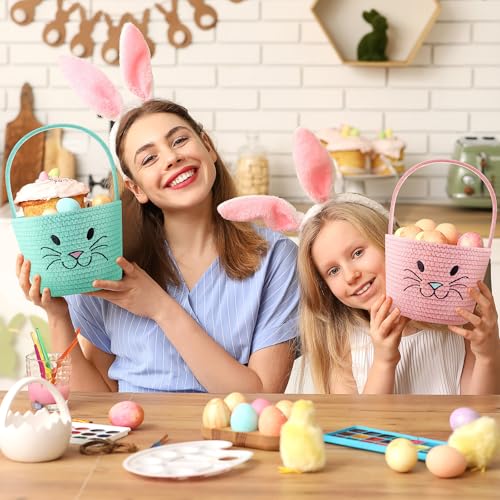 Image of Teenyyou 4 Pack Easter Basket Woven Bunny Baskets with Handles Eggs Hunt Bucket Rabbit Cotton Rope Tote for Baby's First Easter Basket Gift for Baby Toddler Boys Girls(Vivid)