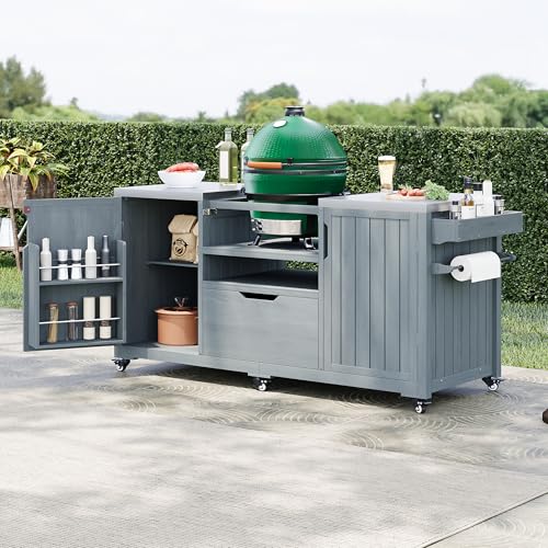 Karzibo 66.5 Inch Outdoor Kitchen Island for Big Green Egg & Kamado Joe, Solid Wood Rolling Grill...