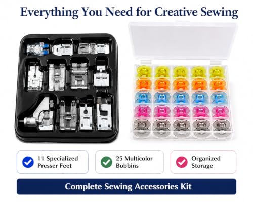 Image of ZENITH 11 Pcs Sewing Machine Presser Feet Accessories Kit, Compatible with Brother, Usha Janome, Singer Low Shank, Multiple Stitch Functions (11 pc Kit + 25 Multicolor Bobbin Box)