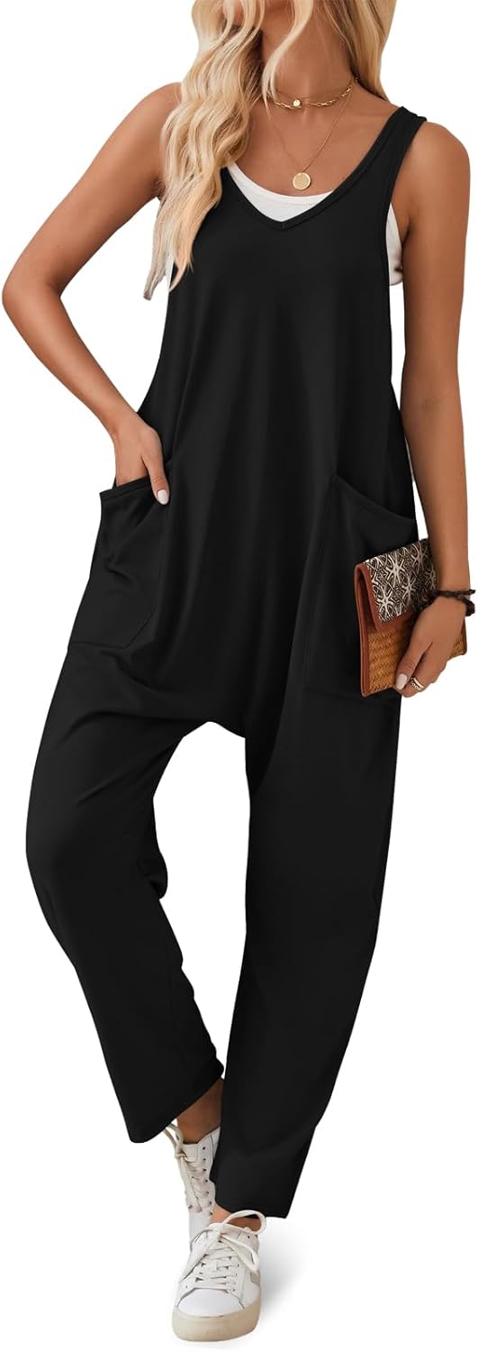 Jumpsuits for Women Casual Sleeveless Rompers Cotton Maternity Jumpsuits Baggy Overalls Loose Fit Summer Outfits 2025 Black Large