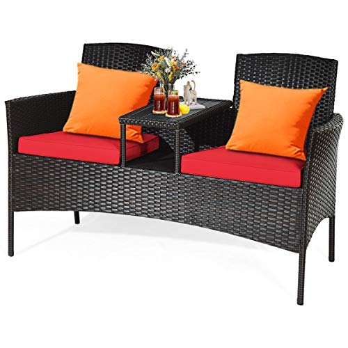 COSTWAY 2-Seat Patio Conversation Sets, Outdoor Patio Loveseat Set with Removable Cushions & Built-in Coffee Table for Backyard, Garden, Lawn, Balcony, Black+Red