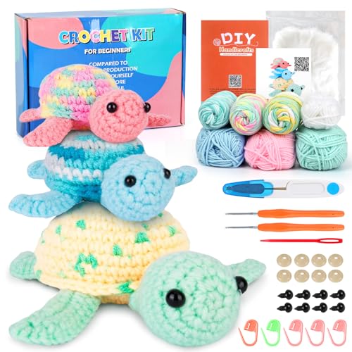 UXORSN Crochet Kit for Beginners Adults 3 Pack Turtle Family Crochet Animal Starter Kits Complete Knitting Supplies with Yarn Hooks Step-by-Step Instructions Video Tutorials DIY Craft Gifts