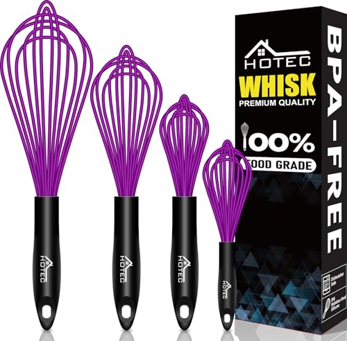 Image of HOTEC 4 Pieces Silicone Whisks Set, Wire Balloon Whisks for cooking Egg Beater, Non-slip Handle Whisk for Non-stick Cookware Perfect for Cooking, Stirring, Beating and Blending,Purple