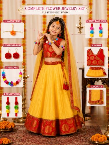 Image of Sarvda Krishna & Radha Dress for Kids - Complete Janmashtami Costume Sets with Dhoti /Lehenga, Mukut, Mor Pankh, Bansuri & Accessories | Fancy Dress for Baby Boys & Girls
