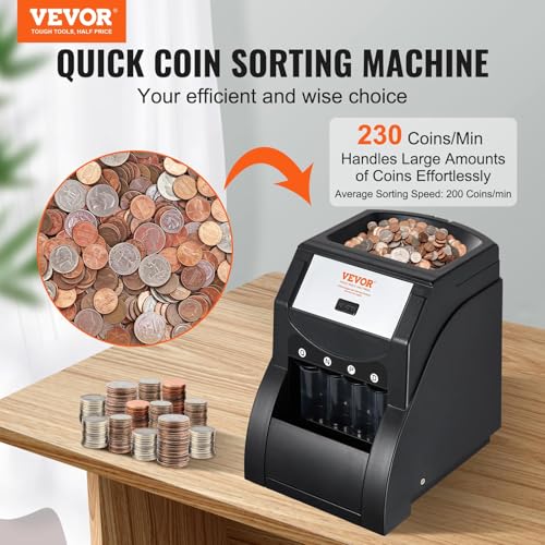 Image of VEVOR Coin Sorter, Coin Sorter and Wrapper Machine with 4 Larger Coin Tubes, Sorts USD Coin 1¢ 5¢ 10¢ 25, up to 230 Coins /min, Black