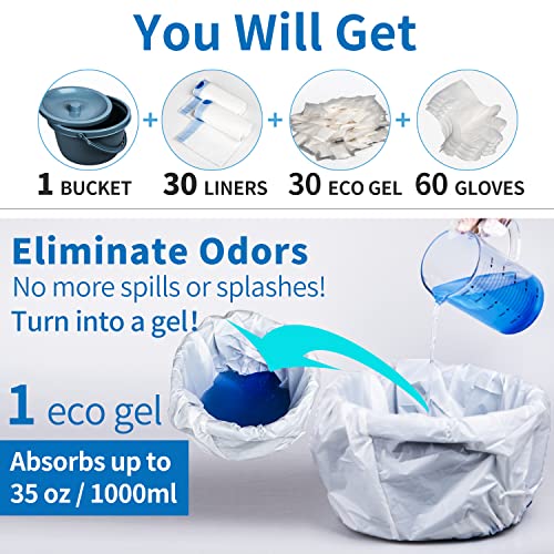 Commode Bucket Set With 30 Commode Liners And 30 Absorbent Pads Gel, Bedside Commode Bucket Replacement Pail With Lid, Handle, Liquid Waste Poo Powder For Commode Chairs, Portable & Camping Toilet #TOP1