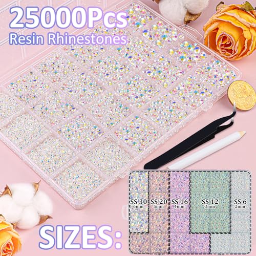 Image of 25000Pcs Resin Rhinestones for Crafting, Transparent AB 2-6mm Mixed Sizes Non Hotfix Flatback Gems with 1Pcs Glue, Bedazzling Crystal for DIY Craft Clothing Mugs Tumblers Shoes Fabric Decor Nail Art