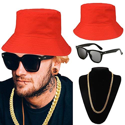 80s/90s Hip Hop Costume Kit - Cotton Bucket Hat,Gold Chain Beads,Oversized Rectangular Hip Hop Nerdy Lens Sunglasses (OneSize, Red)