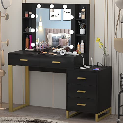 Pakalife Vanity Desk With Lights And Charging Station, Vanity Makeup Desk With Led Lights, Dressing Table With Storage Shelves, Drawers For Bedroom,Black #TOP5