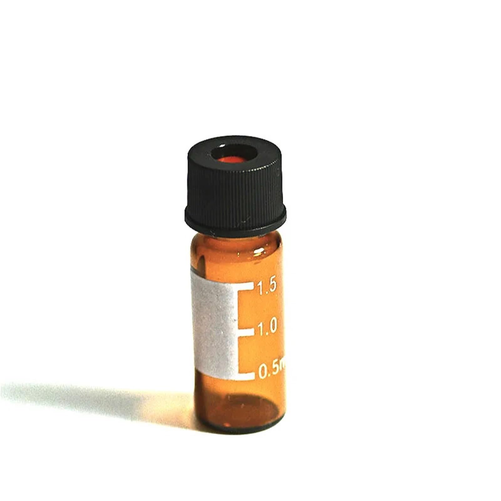 sprzęt laboratoryjny Brązowa fiolka chromatograficzna 1,5 ml z zakrętką i przegrodą 8 mm do analizy próbek do eksperymentów chromatograficznych ze skalą 100/opak.