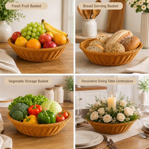 Image of Round Roti Basket Set of 6 |Bread Basket |Woven Plastic Serving Baskets for Snacks, Chapati, Bakery Items & More | Durable & Easy-to-Clean for Home, Cafe & Restaurant Use, Brown