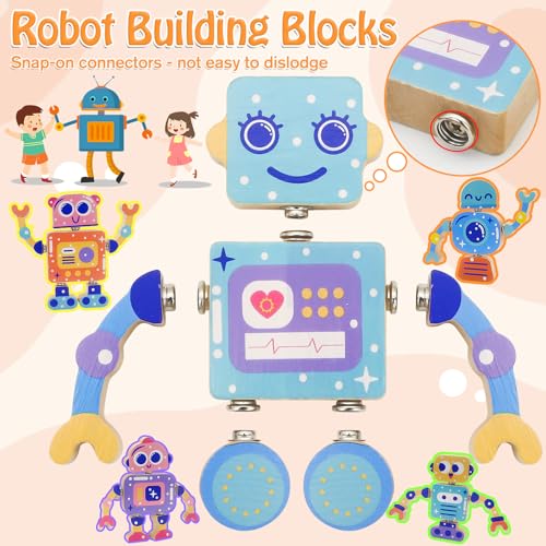 Robots Wooden Snap-Together Building Toys – 28-Piece STEM Montessori Educational Blocks for Toddlers Ages 3–6 | Fine Motor Skills Development | Safe, Durable, Creative Robot Toys Gift for Kids - Image 6