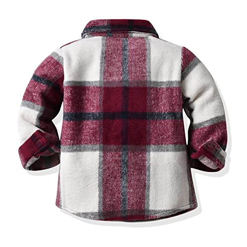 Boys Girls Plaid Shirt Jacket Long Sleeve Lapel Button Down Shirts Tops Autumn Coat Clothes with (Wine, 1-2 Years)2