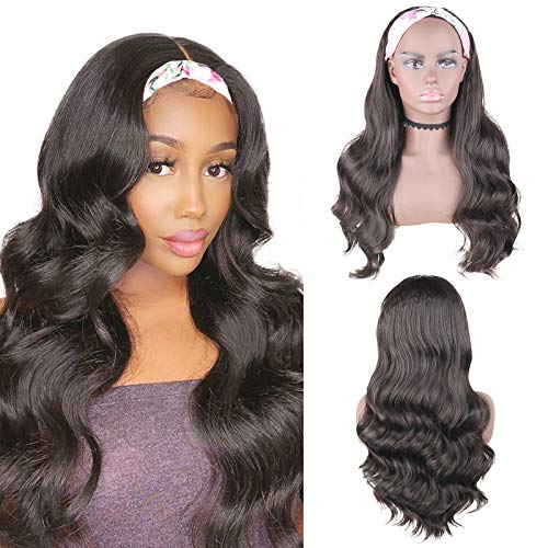Aisaide Natural Brown Body Wave Headband Wigs for Black Women,Synthetic Black Headband Wig Body Wave,Long Wavy Headband Wig Body Wave Wigs with Replacement Headbands Attached Half Wigs for Women(2#)