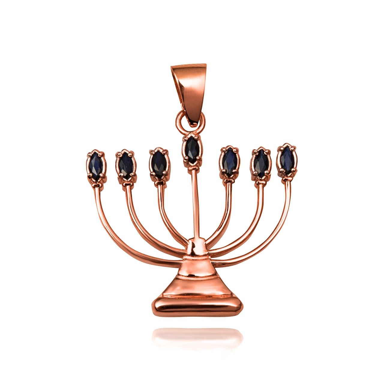 Fine 14k Rose Gold Black Sapphire Jewish Menorah Hanukkah Candle Pendant