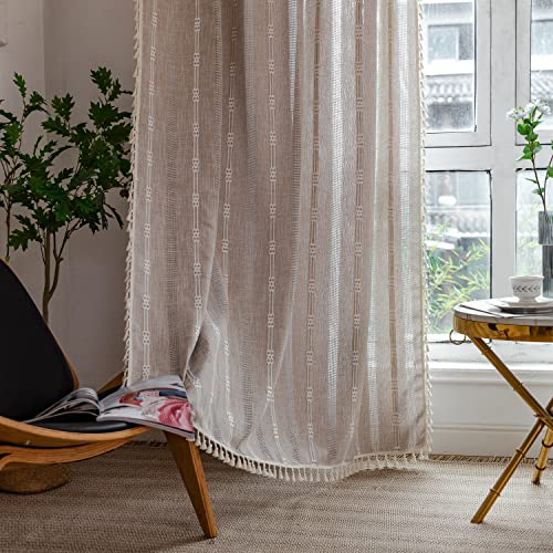 Colorigan Boho Semi Blackout 63 84 96 Inches Length 2 Panels Set Farmhouse Window Curtains with Tassels, Striped Embroidered Rustic Cotton Linen Long Bohemian Curtain Drapes for Living Room, Bedroom
