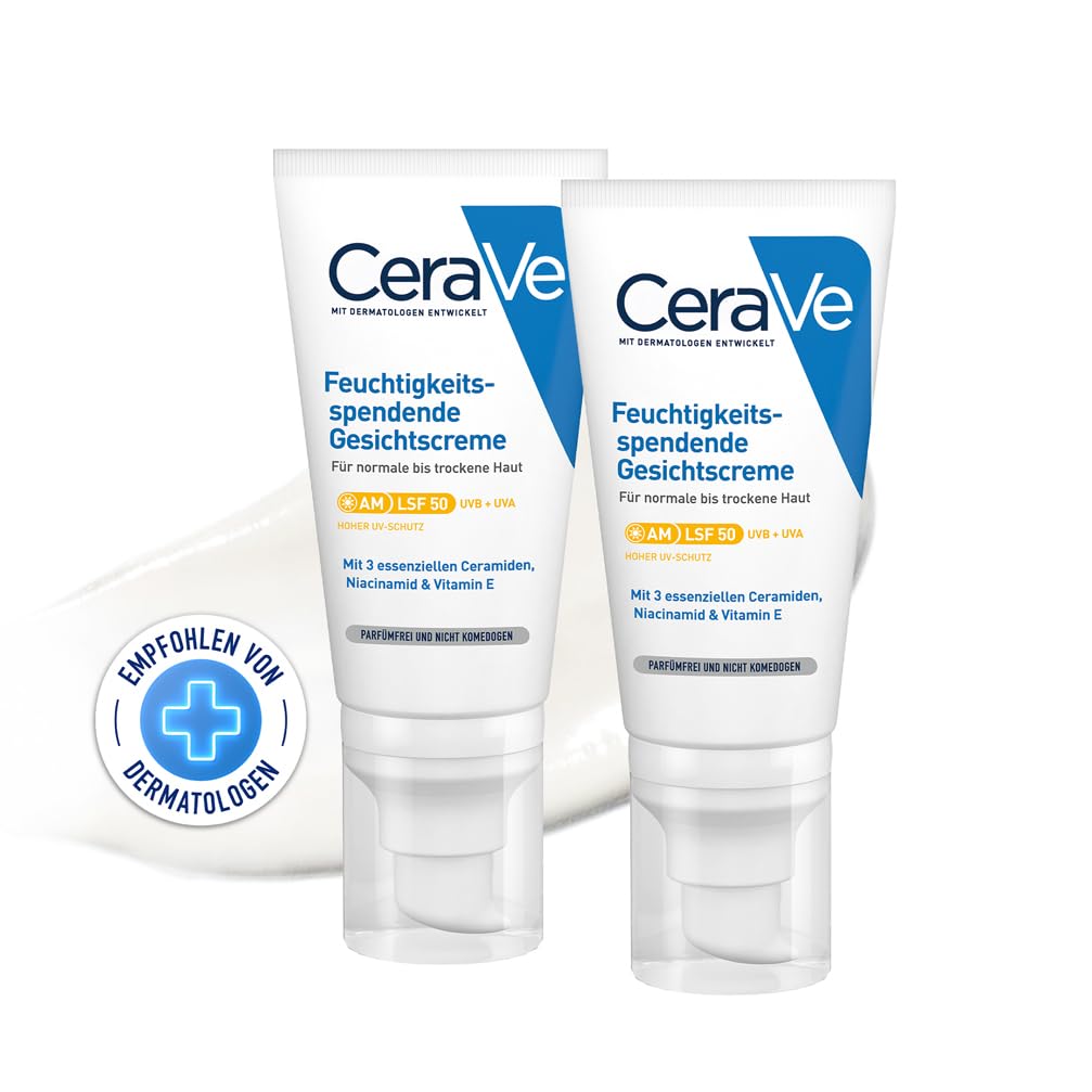 CeraVe Feuchtigkeitsspendende Gesichtscreme mit LSF 50, Hydratisierende Tagescreme mit Lichtschutz für normale bis trockene Haut, Schutz vor UVA- und UVB-Strahlung, 2 x 52ml