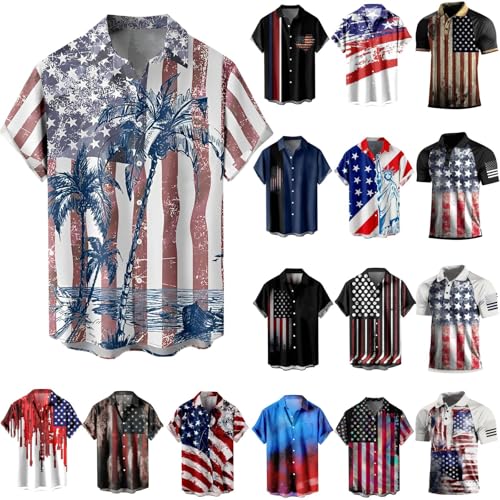 American Flag Shirt for Men - Hawaiian Button Down Patriotic Plus Size Short Sleeve Shirt for 4th of July - Blue Medium