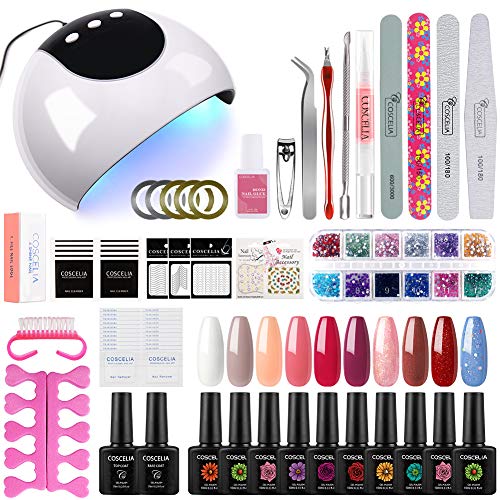 Coscelia Kit Uñas de Gel Esmalte Semipermanente 10ml+ 24W UV/LED Lámpara Secador de Uñas con Timer 60/90/120s Primer Uñas/Topcoat Manicura Kit