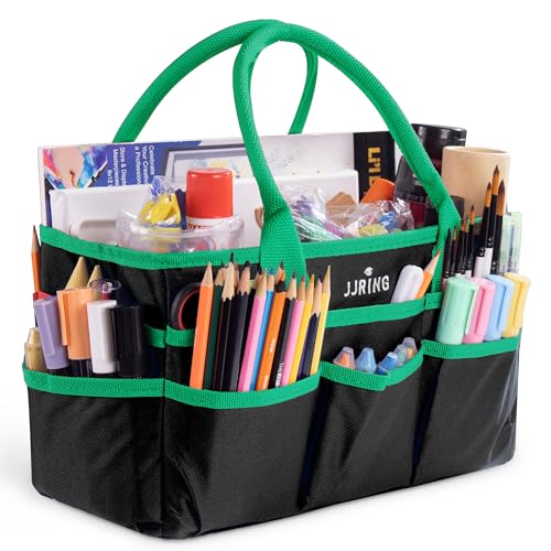 Image of Jjring Craft and Art Organizer Tote Bag - 600D Green Nylon Fabric Art Caddy with Pockets - for Art, Craft, Sewing, Medical, and Office Supplies Storage