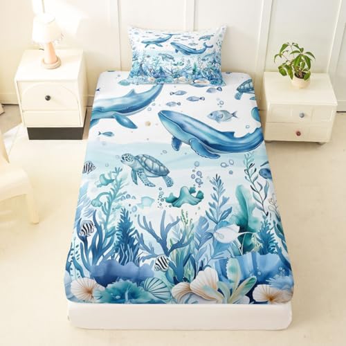 Image of jejeloiu Sea Animal Bed Sheets Set Twin Size Whale Turtle Fish Bed Set for Kids Boys Girls The Sea Marine Animal Deep Pocket Fitted Sheet Summer Breathable Soft Lightweight Microfiber