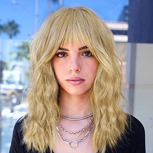 WIGNEE 100% Virgin Human Hair Natural Wave Wigs with Bangs Brazilian Human Hair Wave Wigs Blonde Human Hair Wigs (14 Inch 27#)