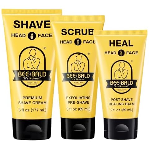Bee Bald 3-Pack with HEAL Post-Shave Healing Balm, SHAVE Premium Shave Cream, and SCRUB Exfoliating Pre-Shave For Your Deep Clean Prep Cover