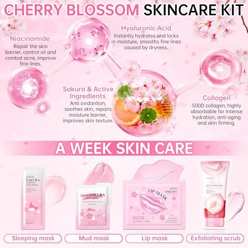 Image of Sakura Skin Care Set for Teenage Girls, Lovely Travel Skincare Set for Women, 41-In-1 Spa Party & Sleepover Skincare Kit with Sleeping Face Mask, Mud Mask, Lip Mask & Exfoliating Scrub, Five of Each
