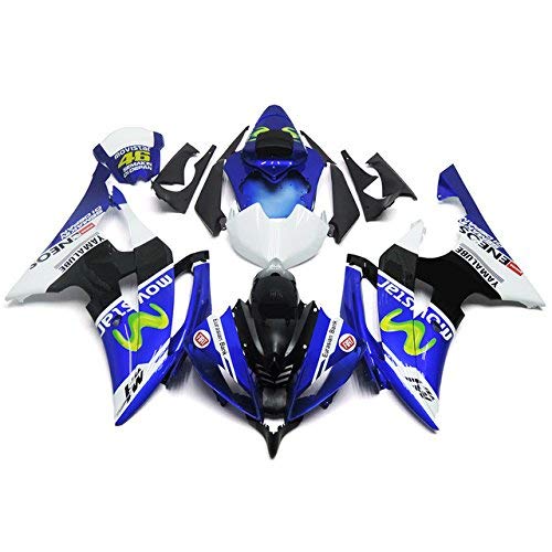 ADMOTO ABS plastic Motorcycle Injection Pre-Drilled Hole Cowl Fairings Bodywork Kit Complete Set For Yamaha YZF 600 R6 2008-2015 (white+blue)