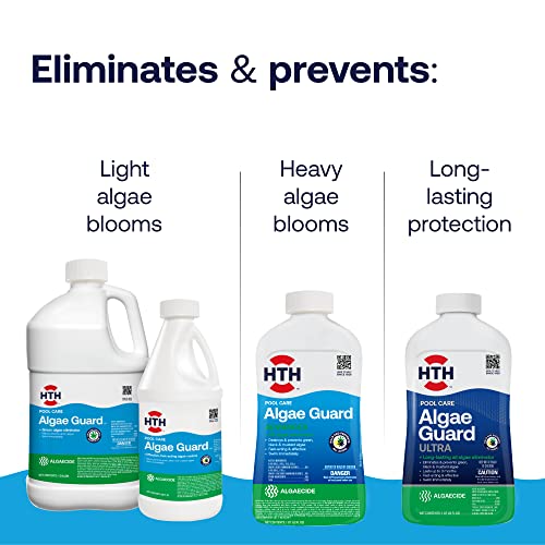 Image of HTH 67084 Pool Care Algae Guard Advanced, All Algae Eliminator for Swimming Pools - Fast-Acting, Destroys & Prevents Green, Black & Mustard Algae, Keeps Pool Water Crystal Clear, 32 fl oz