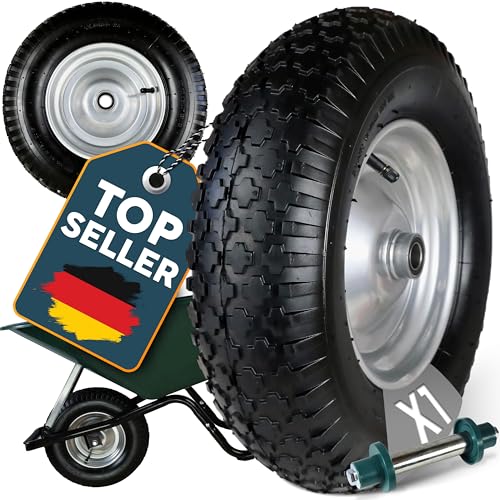 FROSAL Schubkarrenrad 400 mm mit Schlauch inkl. Achse – Ersatzrad 4.80/4.00-8 mit 20 mm Achse – Ø ca. 380–400 mm, Breite ca. 100 mm – Stahlfelge silber mit Kugellager