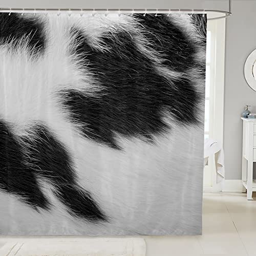Cortina de baño rústica de piel de vaca, color negro y blanco y negro, cortina de ducha para niños y niños, tela impermeable con ganchos para puestos, 72 pulgadas de ancho x 72 pulgadas de largo