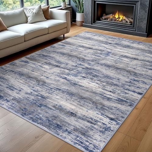 KOZYFLY Rugs for Living Room 8x10 Modern Ombre Living Room Area Rug, Washable Large Thin Rugs Non-Slip Soft Striped Rug for Bedroom, Print Distressed Grey-Blue Abstract Carpet for Laundry/Kid Room