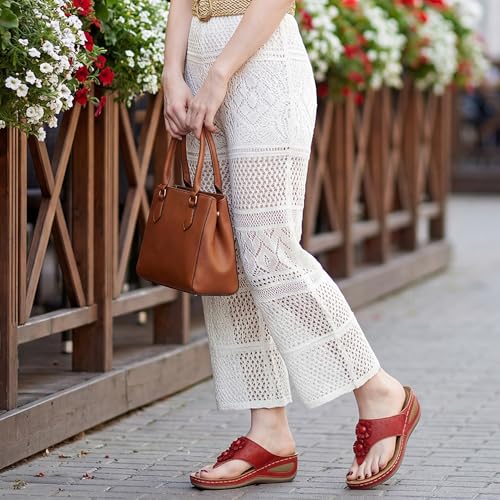 Image of Ecetana Womens Wedge Flip Flops: Orthopedic Cushion Non Slip Sandals - Comfortable Walking for All Day - Stylish Flower Adjustable Thong Sandals for Summer Casual Outing