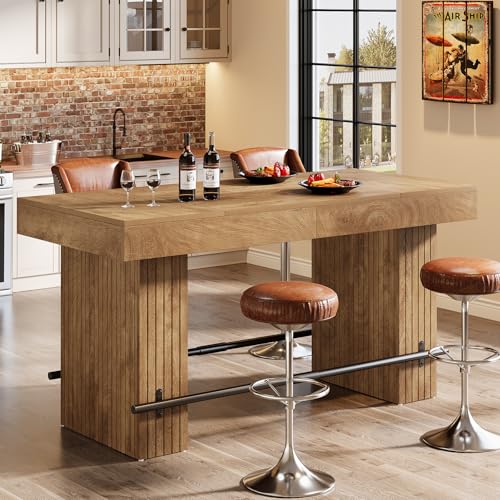 Image of Tribesigns 62.2 Inch Bar Table, Industrial Counter Height Pub Dining Table, Rectangular Home Bar Units with Metal Footrest for Home Kitchen, Dining Room, Bistro, Oak Wood