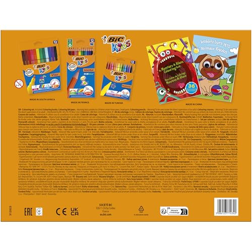 BIC Kids Fun Colouring Set, Set Disegno per Bambini, Valigetta contenente 12 Pennarelli Colorati, 12 Matite Colorate Prive di Legno, 12 Pastelli a Cera, 2 Libri da Colorare Mostriciattoli & alieni + Animaletti, 38 Unità, Cancelleria